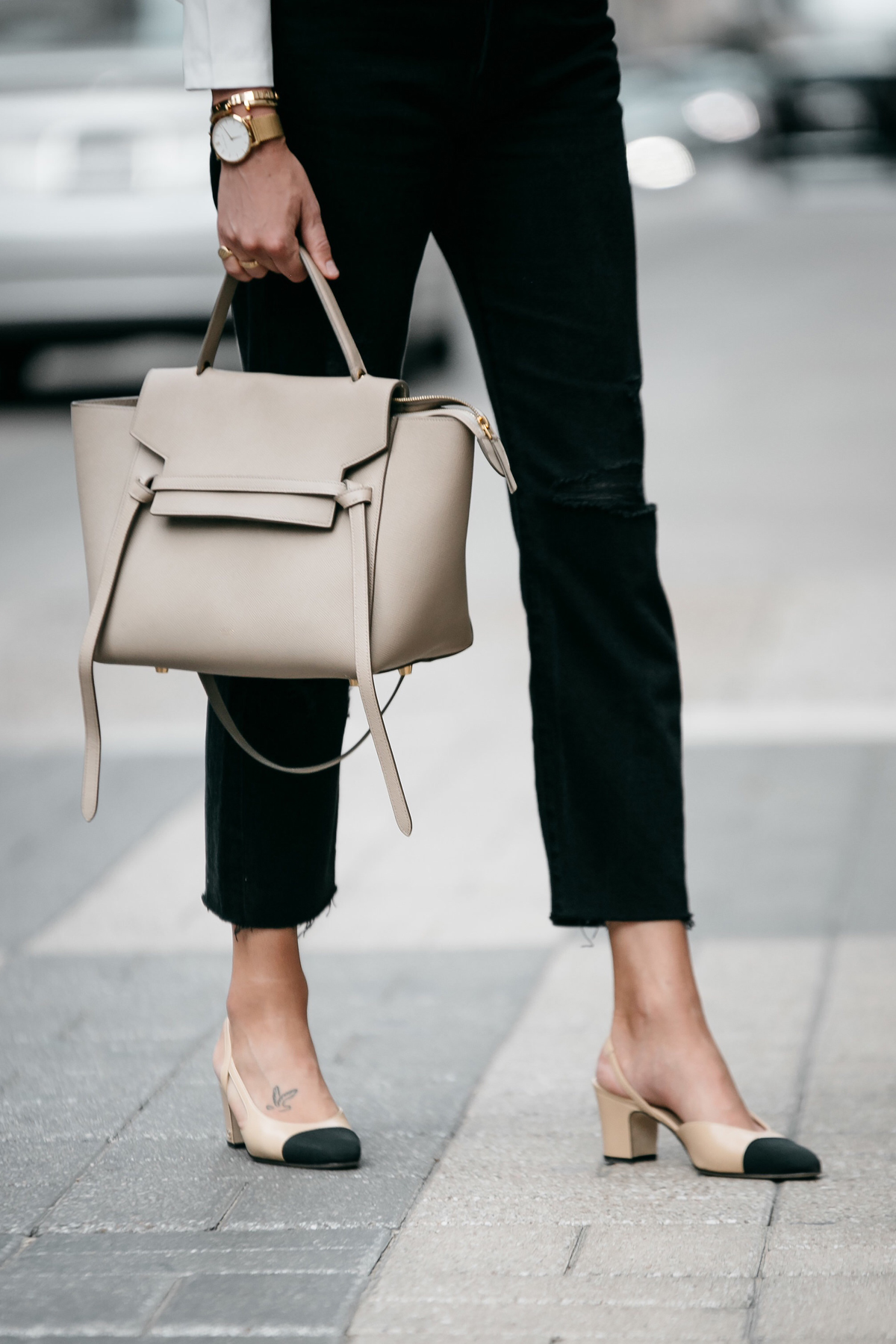 Frame Black Ripped Boyfriend Jeans Celine Belt Bag Chanel Slingbacks Fashion Jackson Dallas Blogger Fashion Blogger Street Style