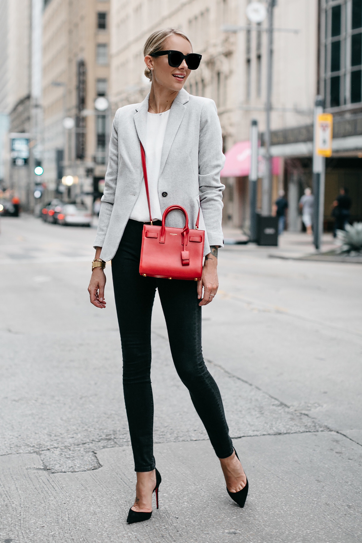 Blonde Woman Wearing Grey Blazer White Top Black Skinny Jeans Black Pumps Saint Laurent Sac de Jour Nano Red Fashion Jackson Dallas Blogger Fashion Blogger Street Style