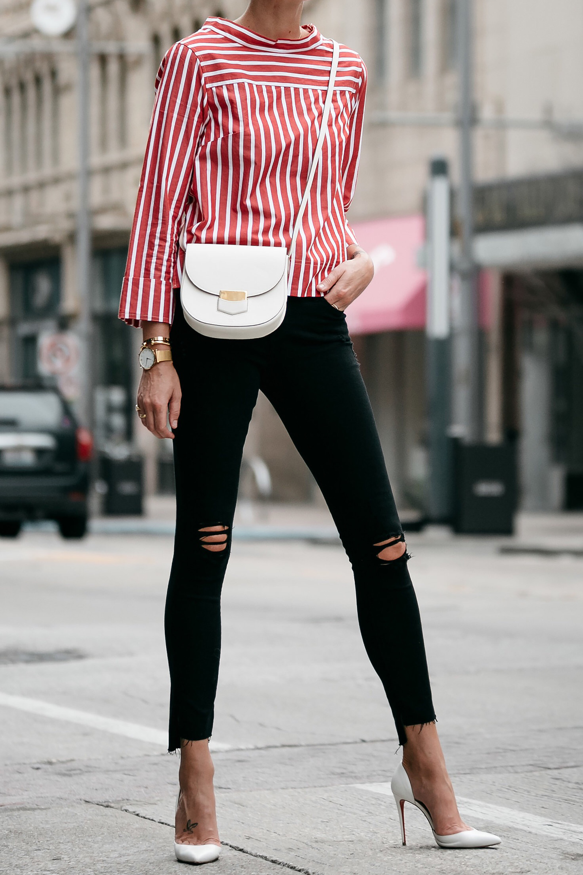 black red and white striped shirt