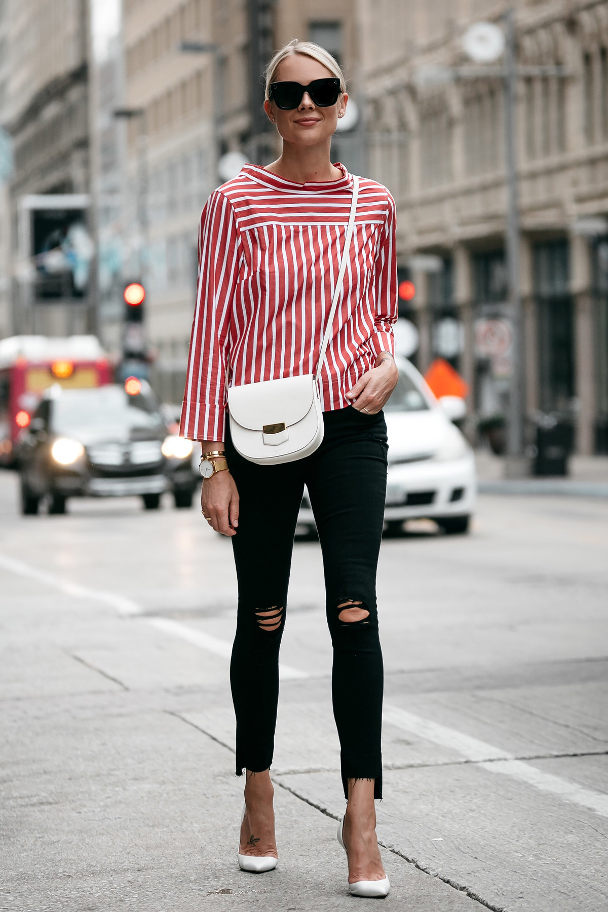 black and white striped top with jeans