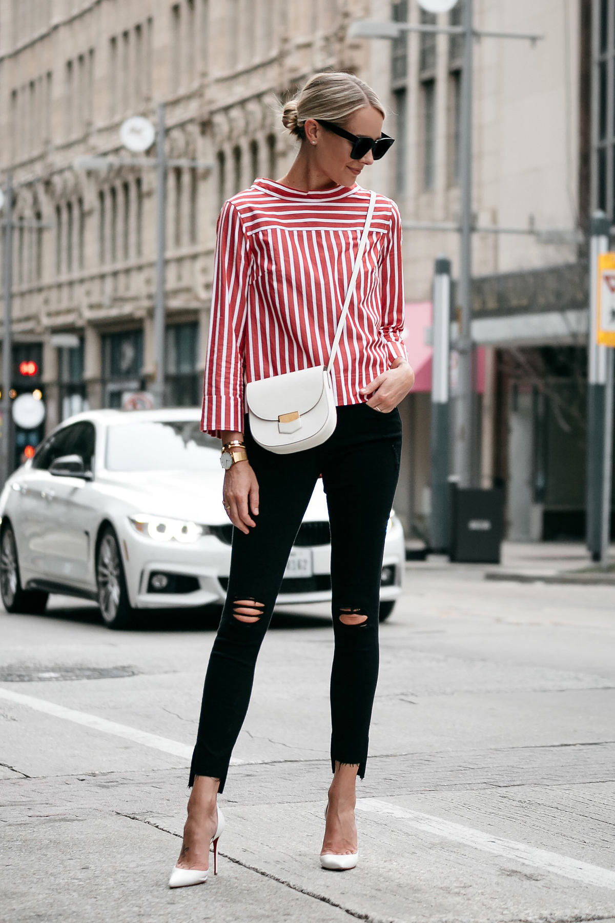 red white blue striped shirt