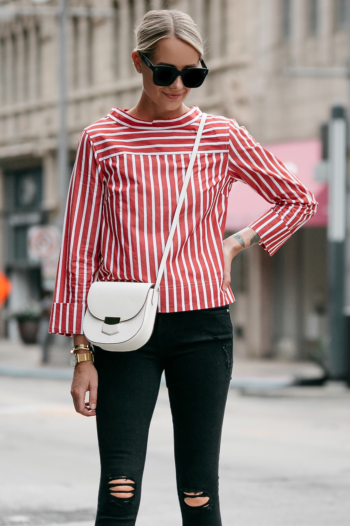 Red and white store striped shirt outfit