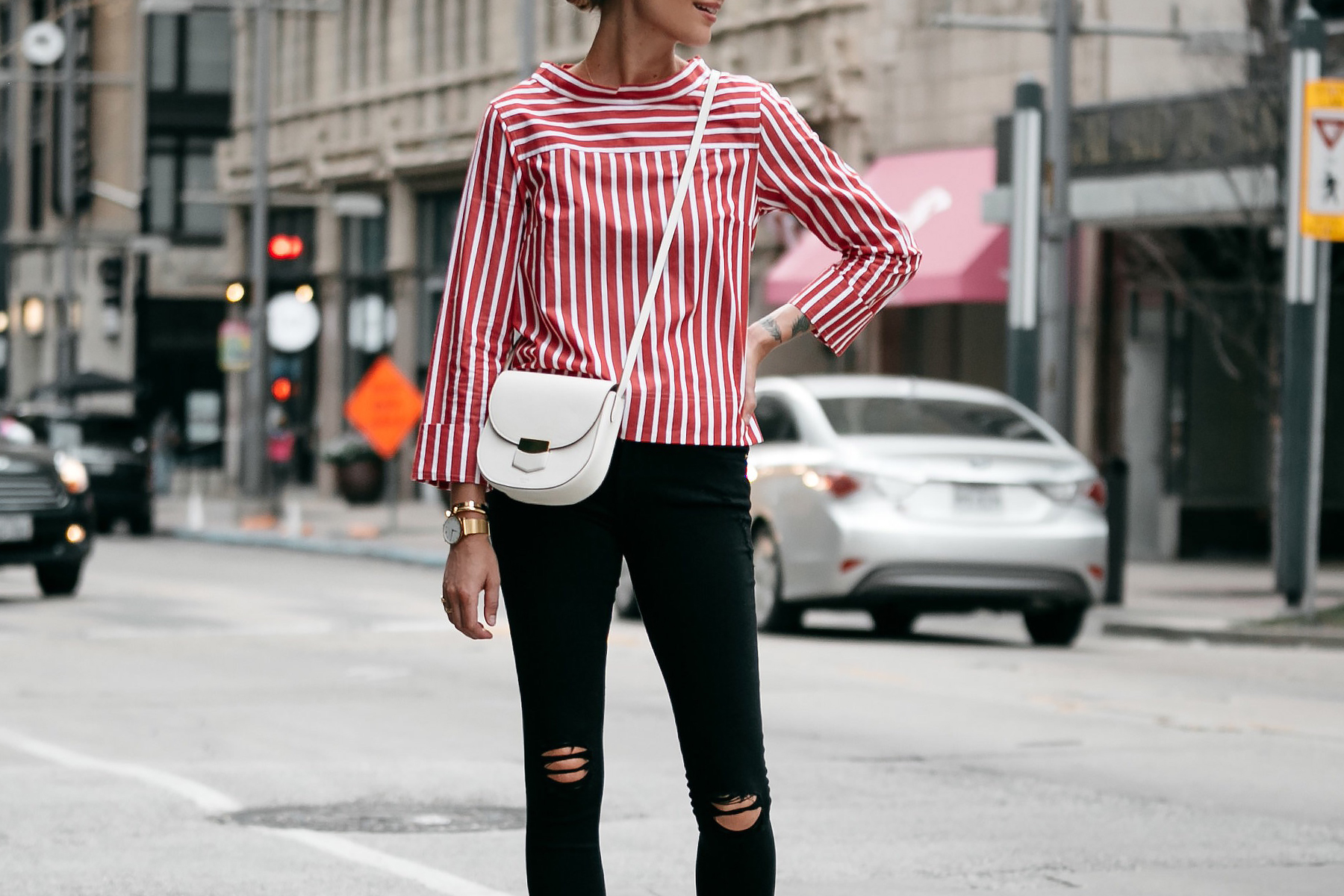 Jcrew Red White Striped Shirt Celine White Trotteur Handbag Black Ripped Skinny Jeans Fashion Jackson Dallas Blogger Fashion Blogger Street Style