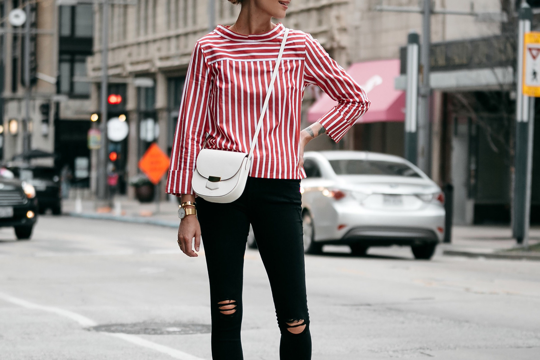 black and white striped shirt with jeans