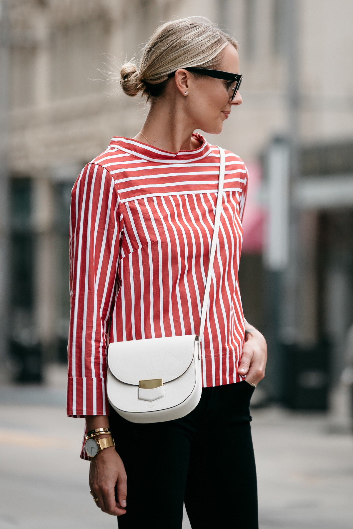 Blonde Woman Wearing Jcrew Red White Striped Shirt Celine White Trotteur Handbag Black Ripped Skinny Jeans Fashion Jackson Dallas Blogger Fashion Blogger Street Style