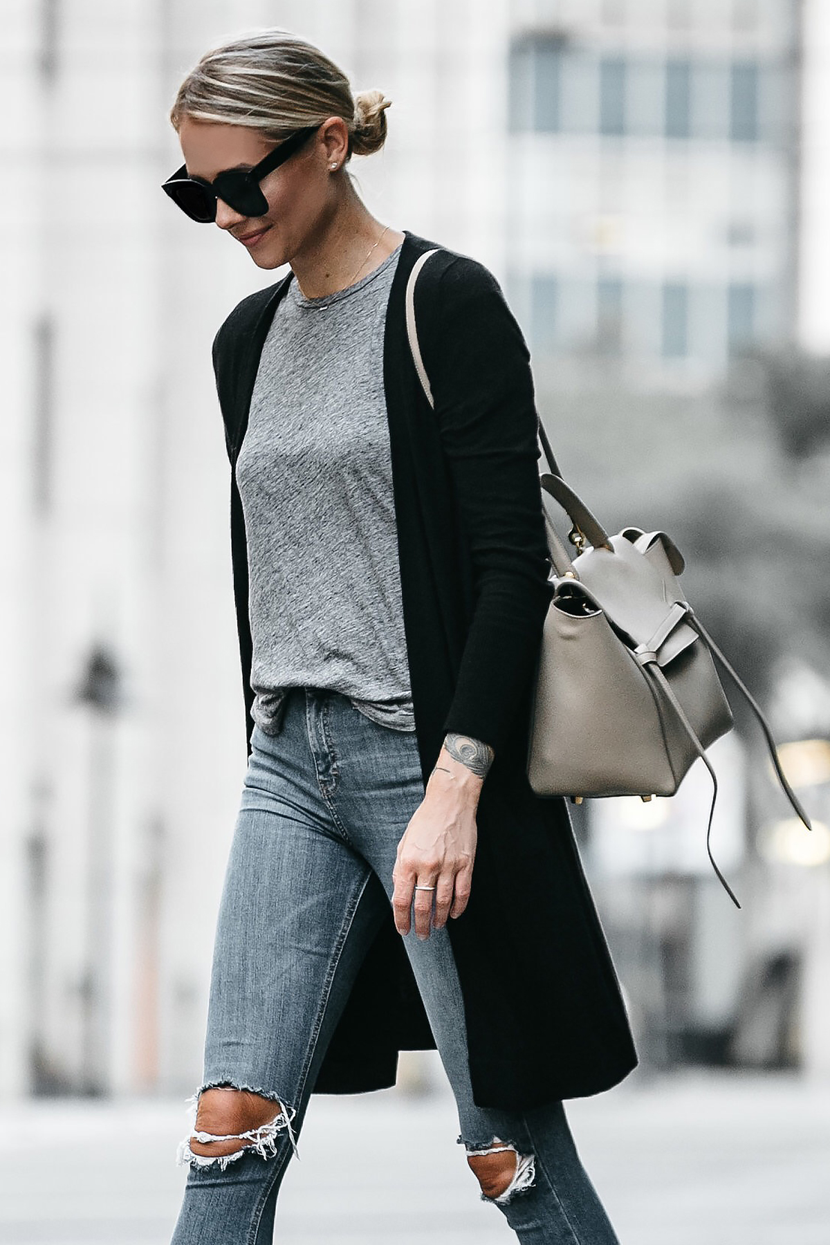 Grey Jeans Outfit with long black cardigan