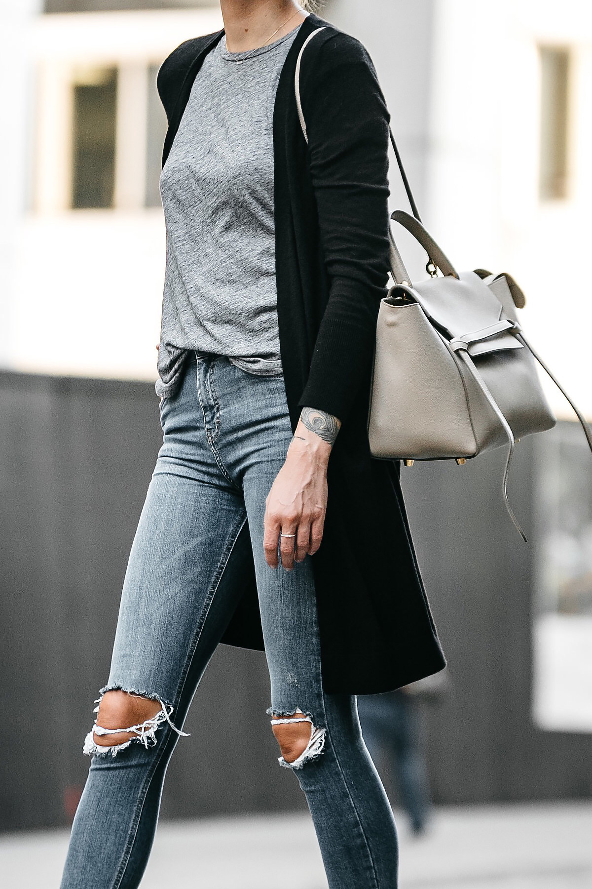 outfit with long grey cardigan