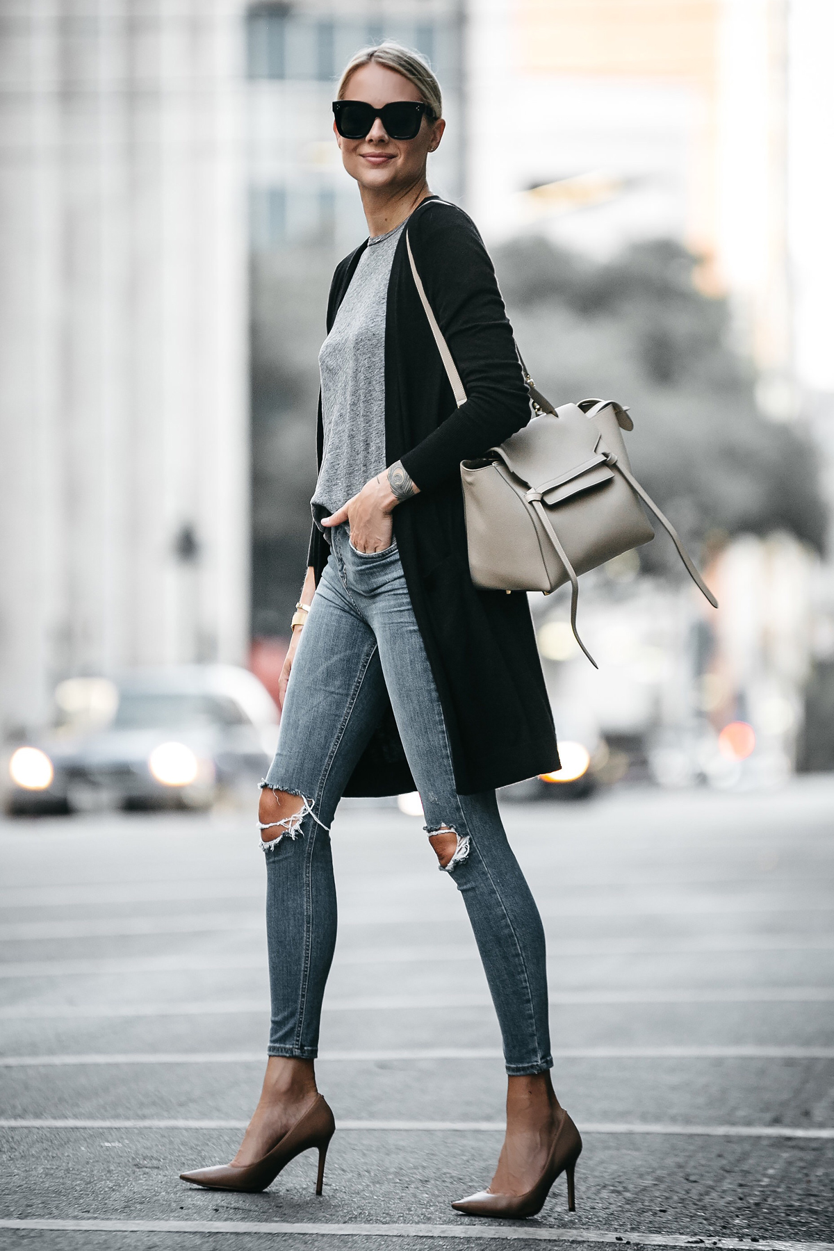 Blonde Woman Wearing Long Black Cardigan Grey Tshirt Topshop Ripped Skinny Jeans Nude Pumps Outfit Celine Belt Bag Fashion Jackson Dallas Blogger Fashion Blogger Street Style