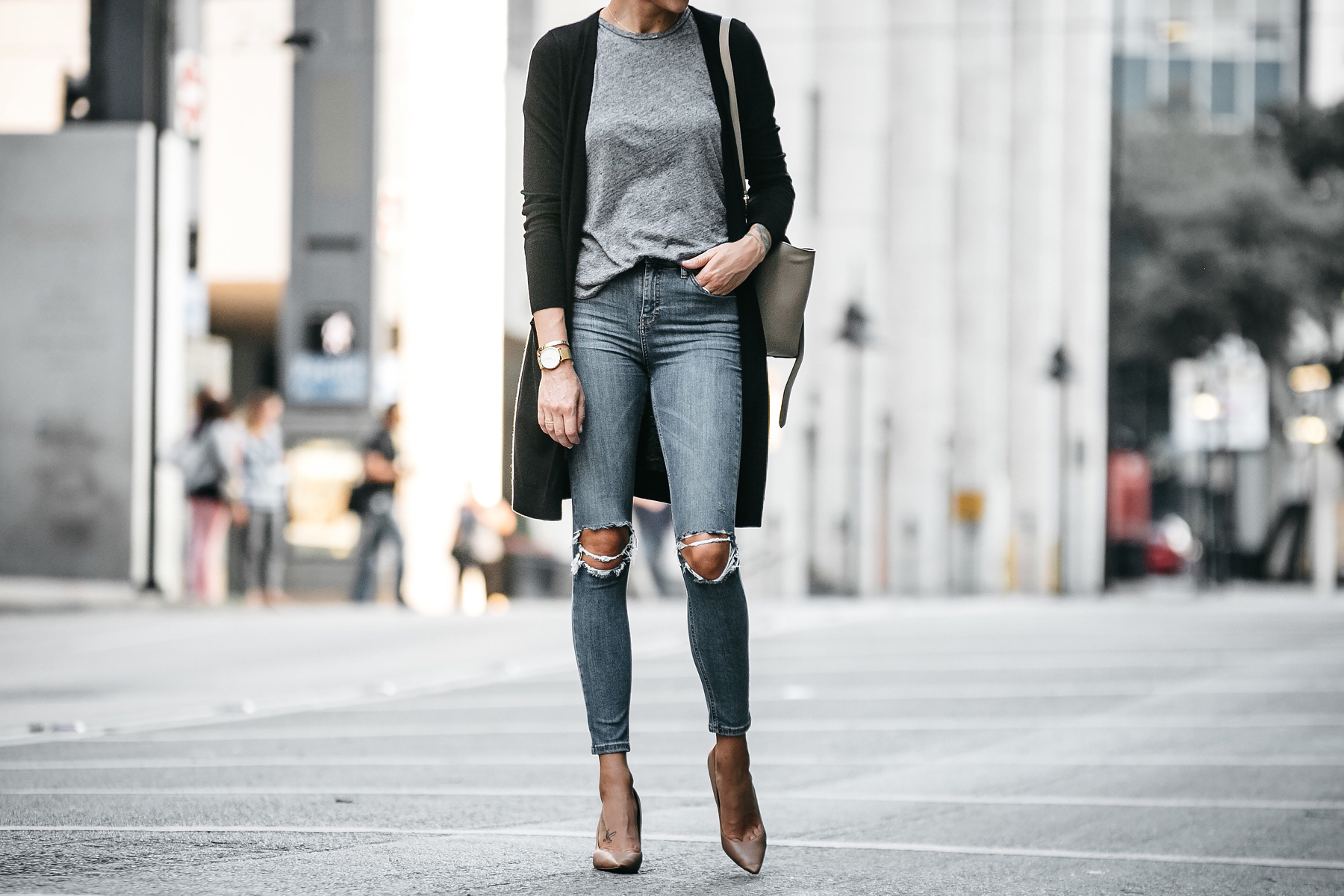 gray long cardigan outfit