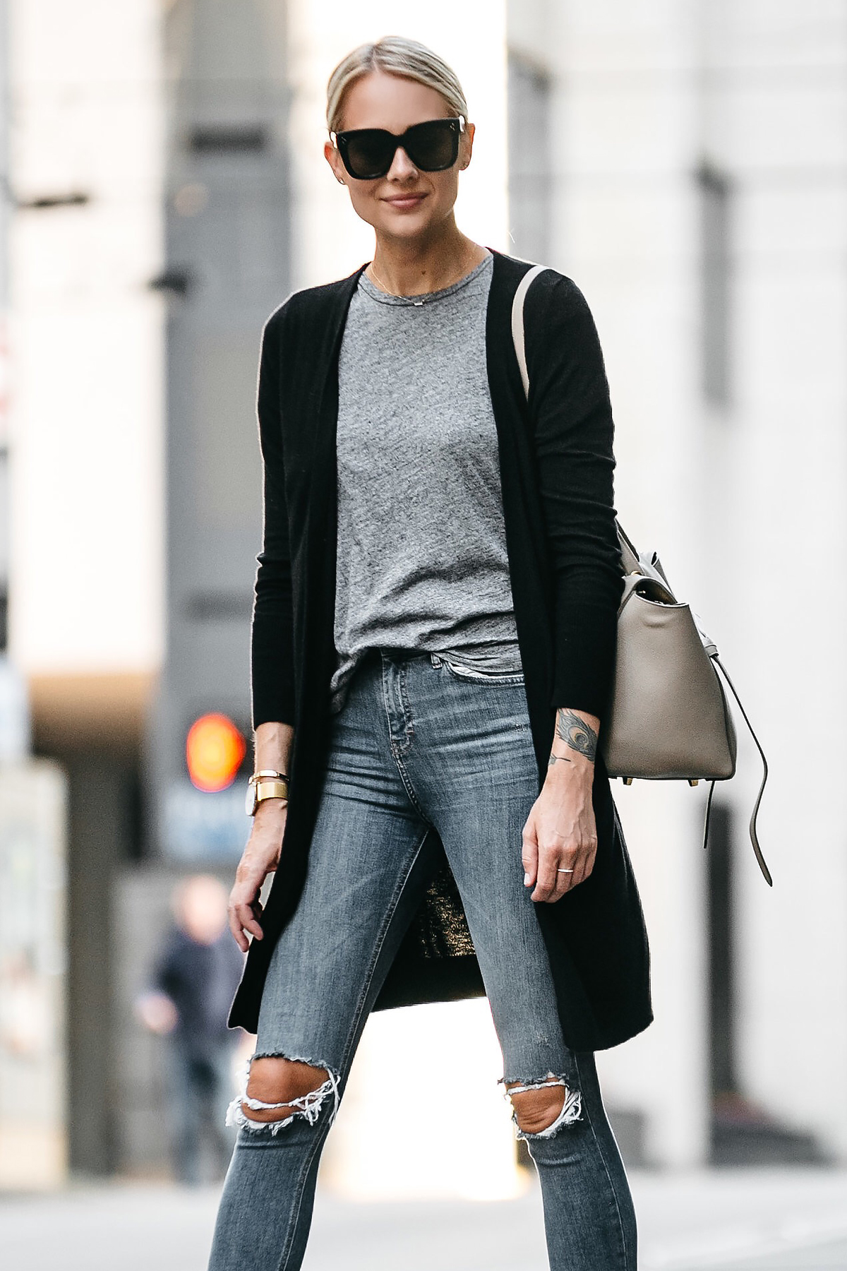 Blonde Woman Wearing Long Black Cardigan Grey Tshirt Topshop Ripped Skinny Jeans Outfit Fashion Jackson Dallas Blogger Fashion Blogger Street Style