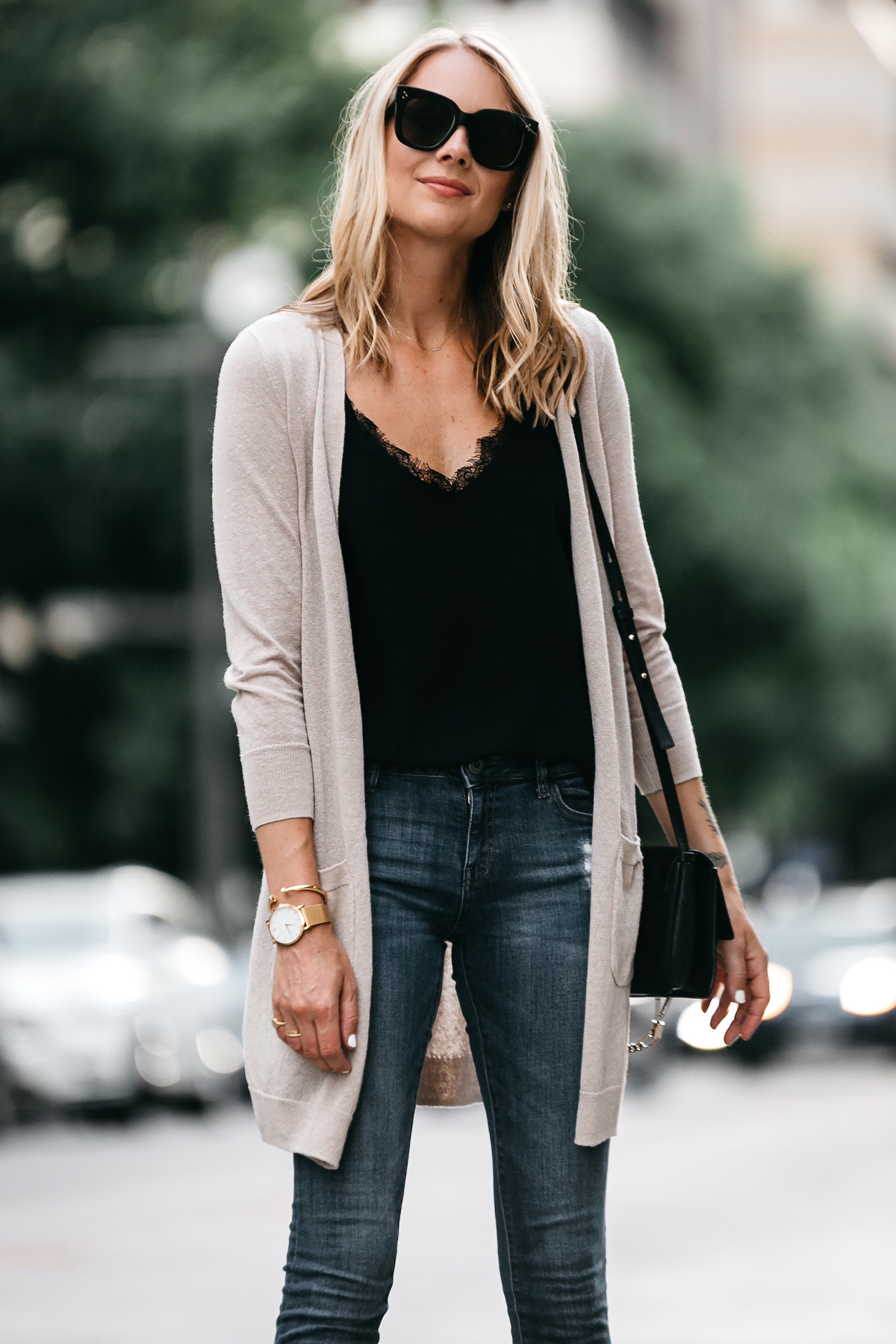 long cardigan and flared jeans outfit