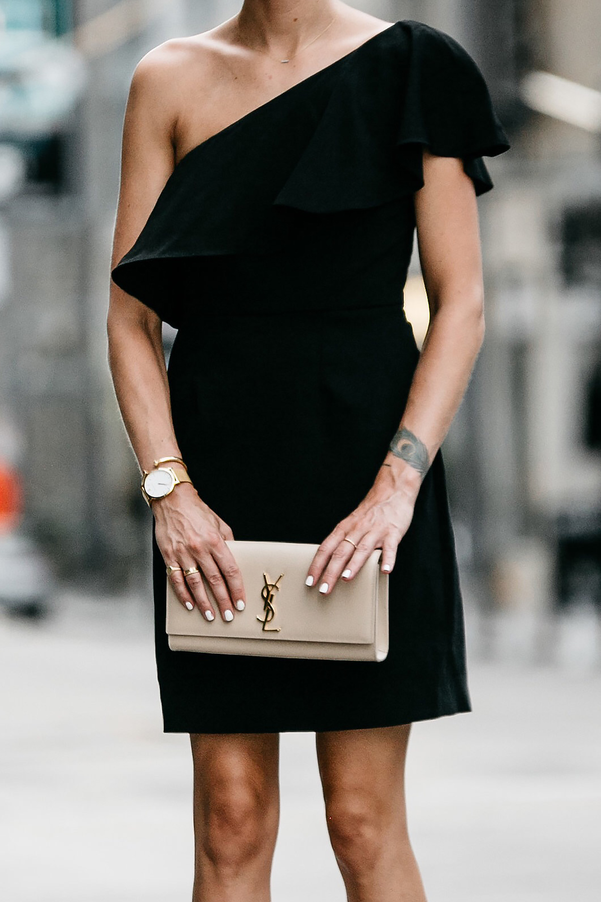 Nordstrom Black One Shoulder Ruffle Dress Saint Laurent Monogram Clutch Fashion Jackson Dallas Blogger Fashion Blogger Street Style