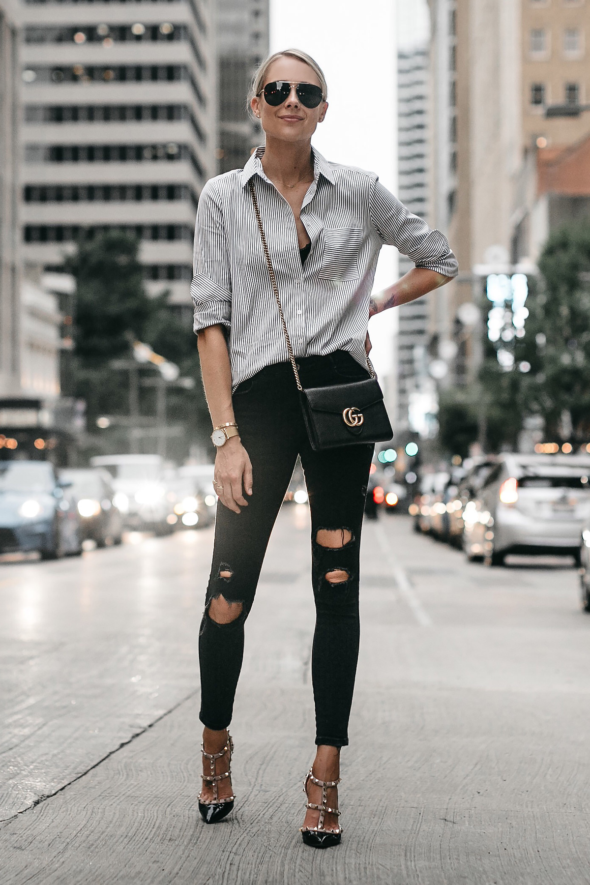 Blonde Woman Wearing Striped Button Down Shirt Black Ripped Skinny Jeans Gucci Handbag Valentino Rockstud Pumps Fashion Jackson Dallas Blogger Fashion Blogger Street Style