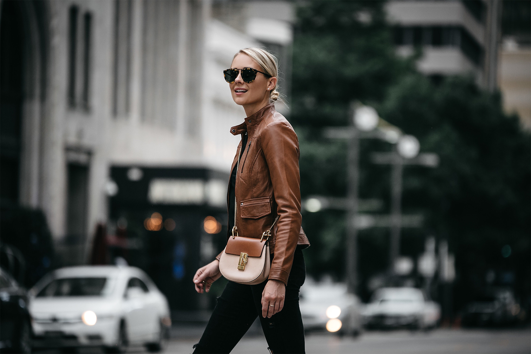 Blonde Woman Wearing Tan Leather Moto Jacket Black Ripped Skinny Jeans Outfit Chloe Drew Handbag Fashion Jackson Dallas Blogger Fashion Blogger Street Style