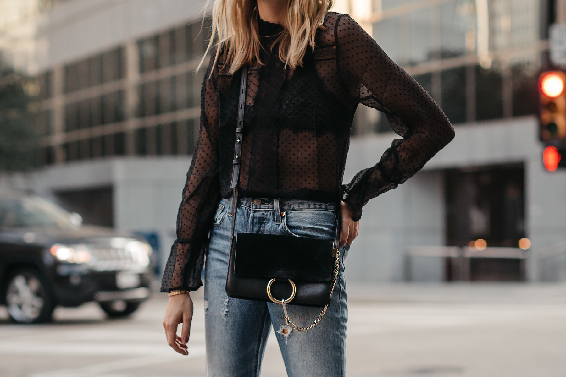 Anine Bing Black Lace Top Chloe Faye Black Handbag Denim Ripped Jeans Fashion Jackson Dallas Blogger Fashion Blogger Street Style