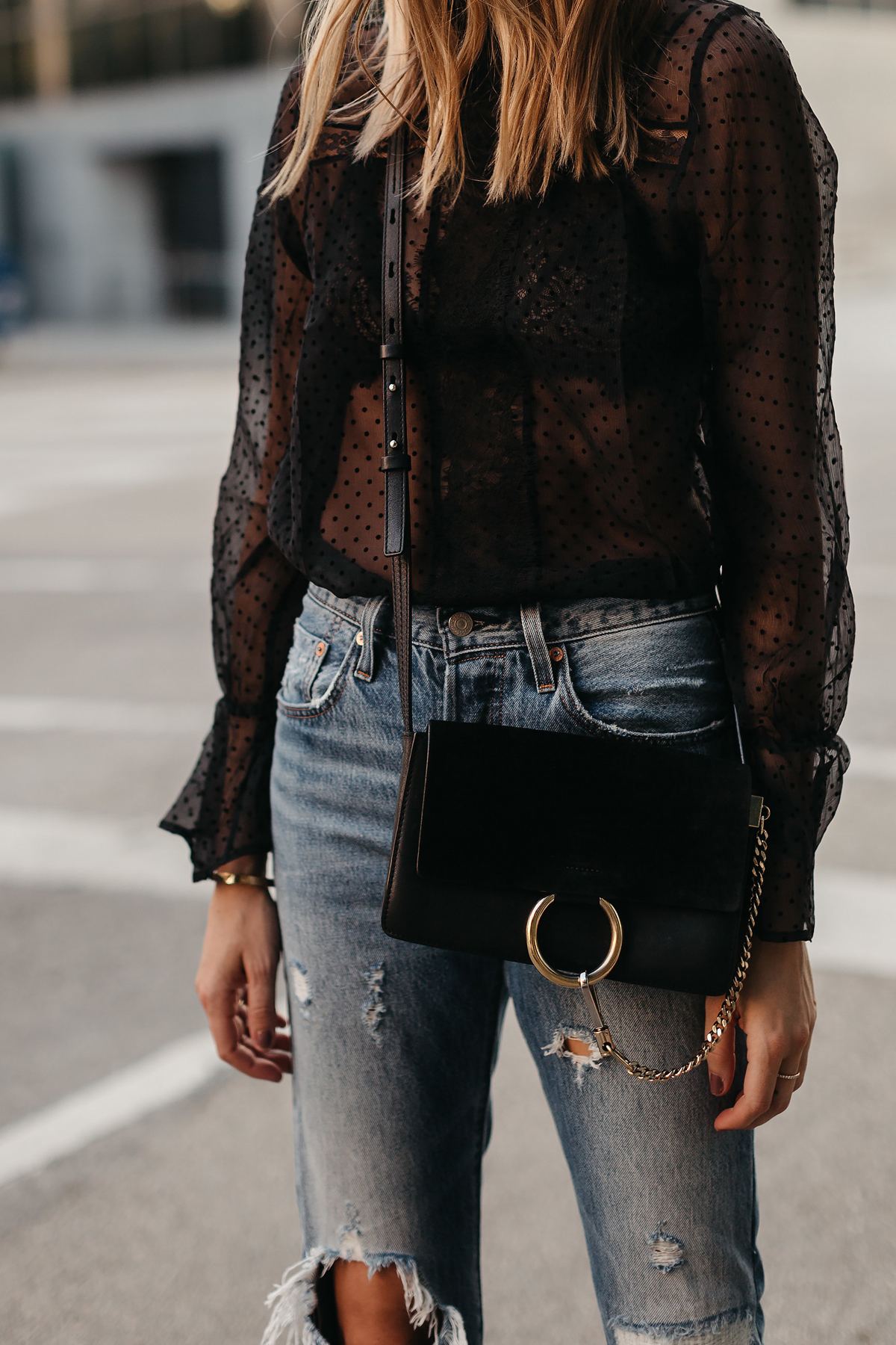 Anine Bing Black Lace Top Chloe Faye Black Handbag Denim Ripped Jeans Fashion Jackson Dallas Blogger Fashion Blogger Street Style