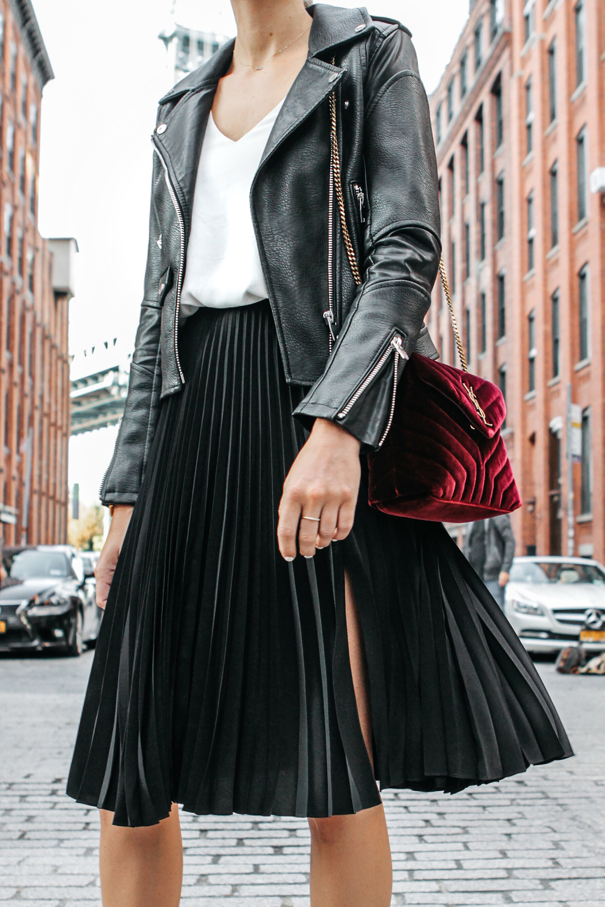 velvet skirt leather jacket