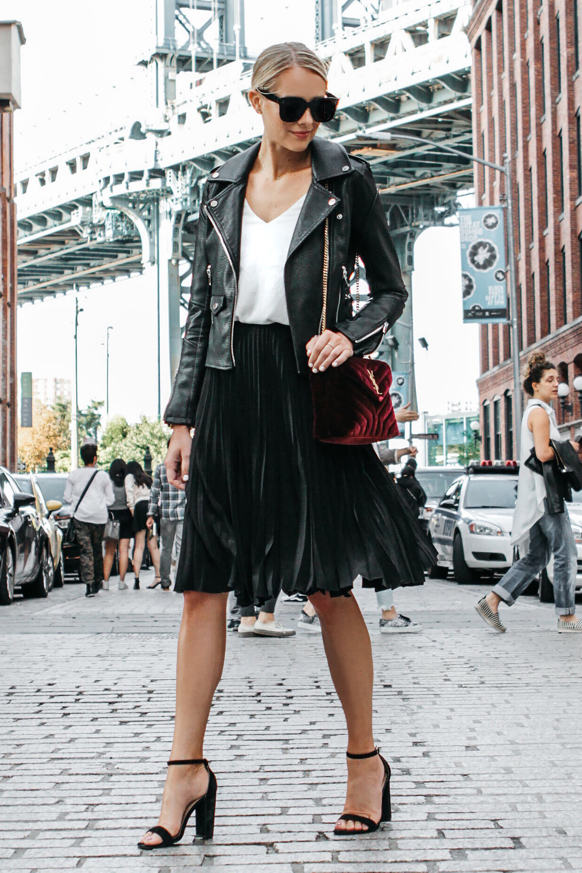 Pleated midi skirt leather jacket sale