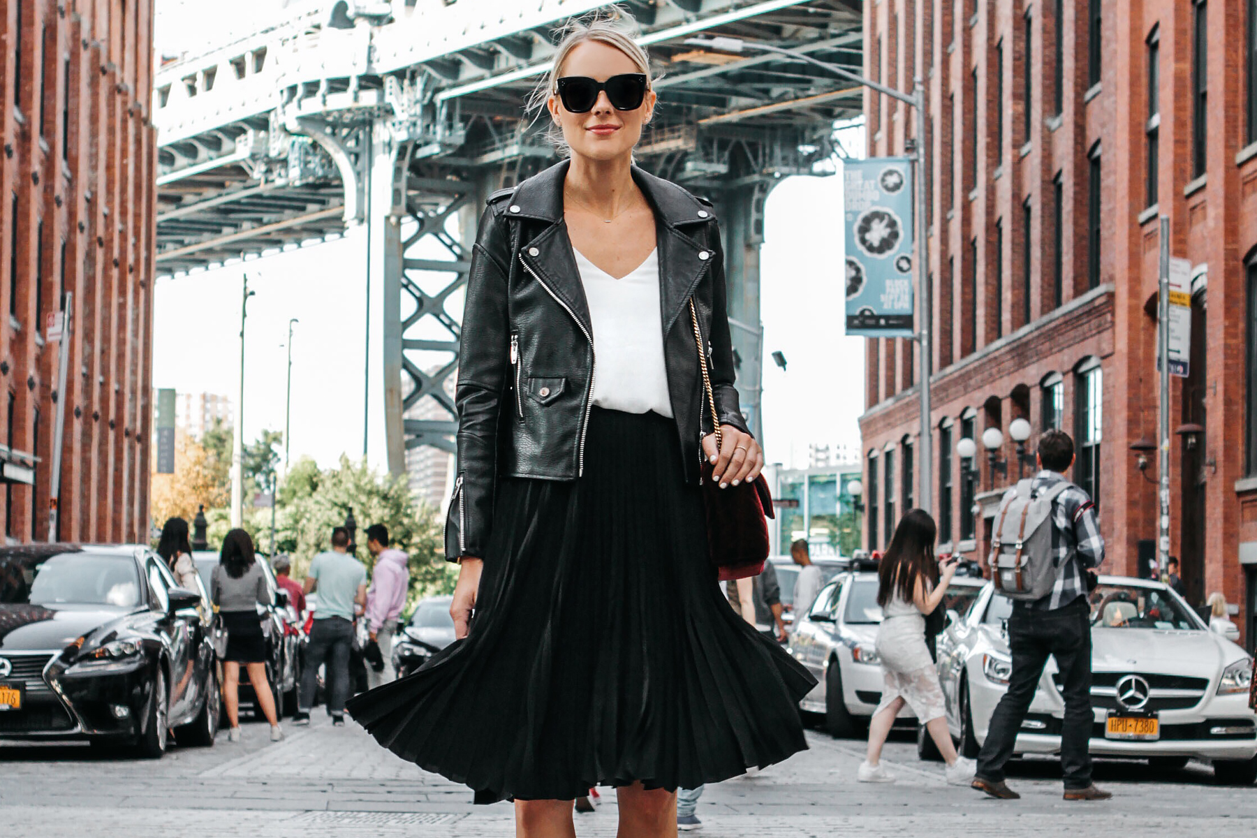 Pleated skirt and shop leather jacket