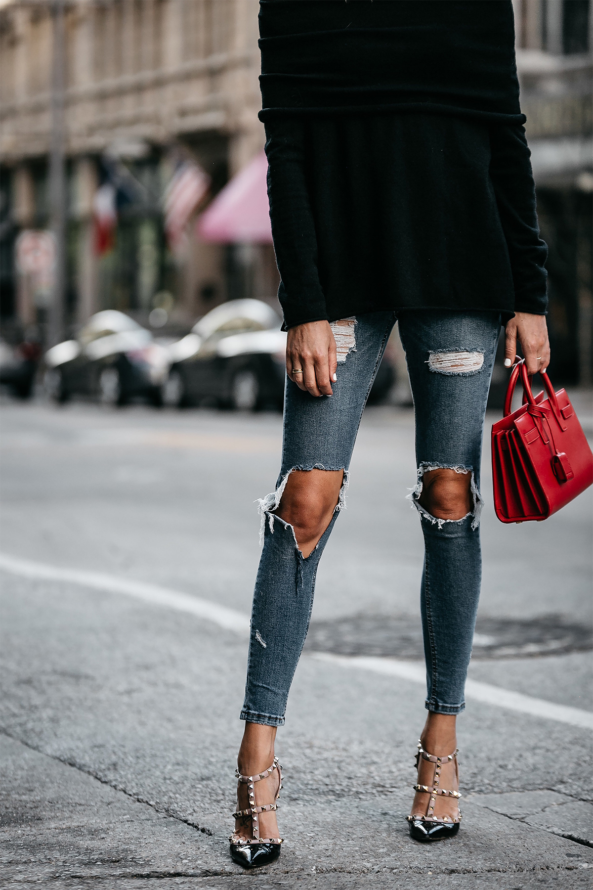 Black Sweater Denim Ripped Skinny Jeans Valentino Rockstud Pumps Saint Laurent Red Sac De Jour Handbag Fashion Jackson Dallas Blogger Fashion Blogger Street Style