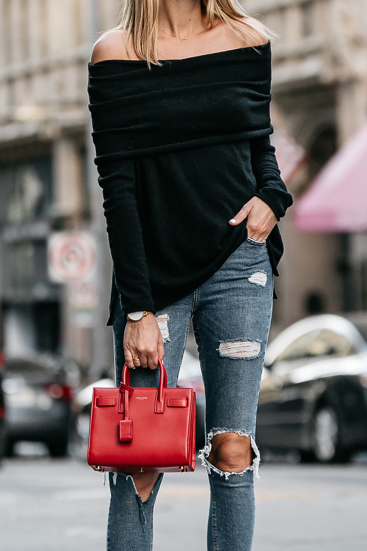 Black off-the-shoulder Sweater Denim Ripped Skinny Jeans Saint Laurent Red Sac De Jour Handbag Fashion Jackson Dallas Blogger Fashion Blogger Street Style