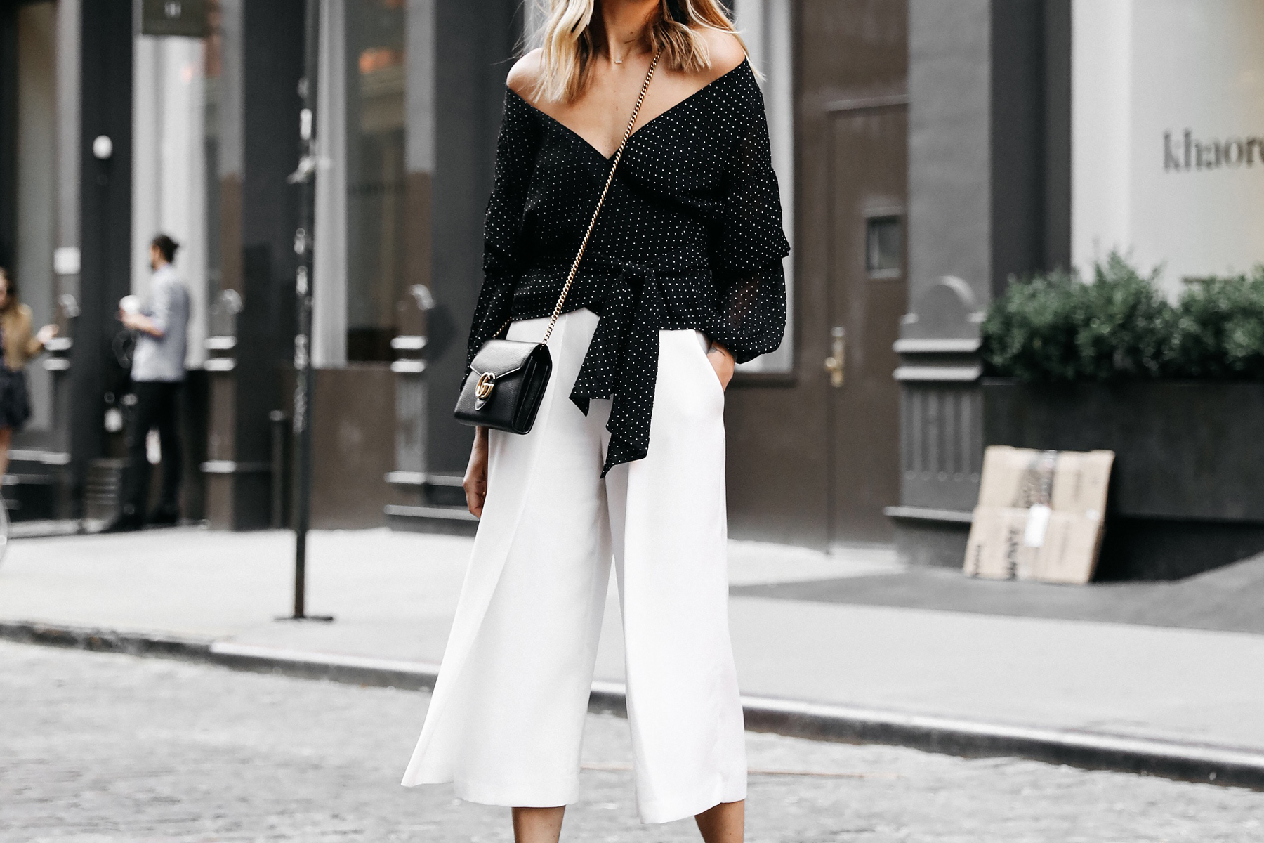 Club Monaco Black Wrap Top White Culottes Gucci Marmont Handbag Fashion Jackson Dallas Blogger Fashion Blogger Street Style NYFW