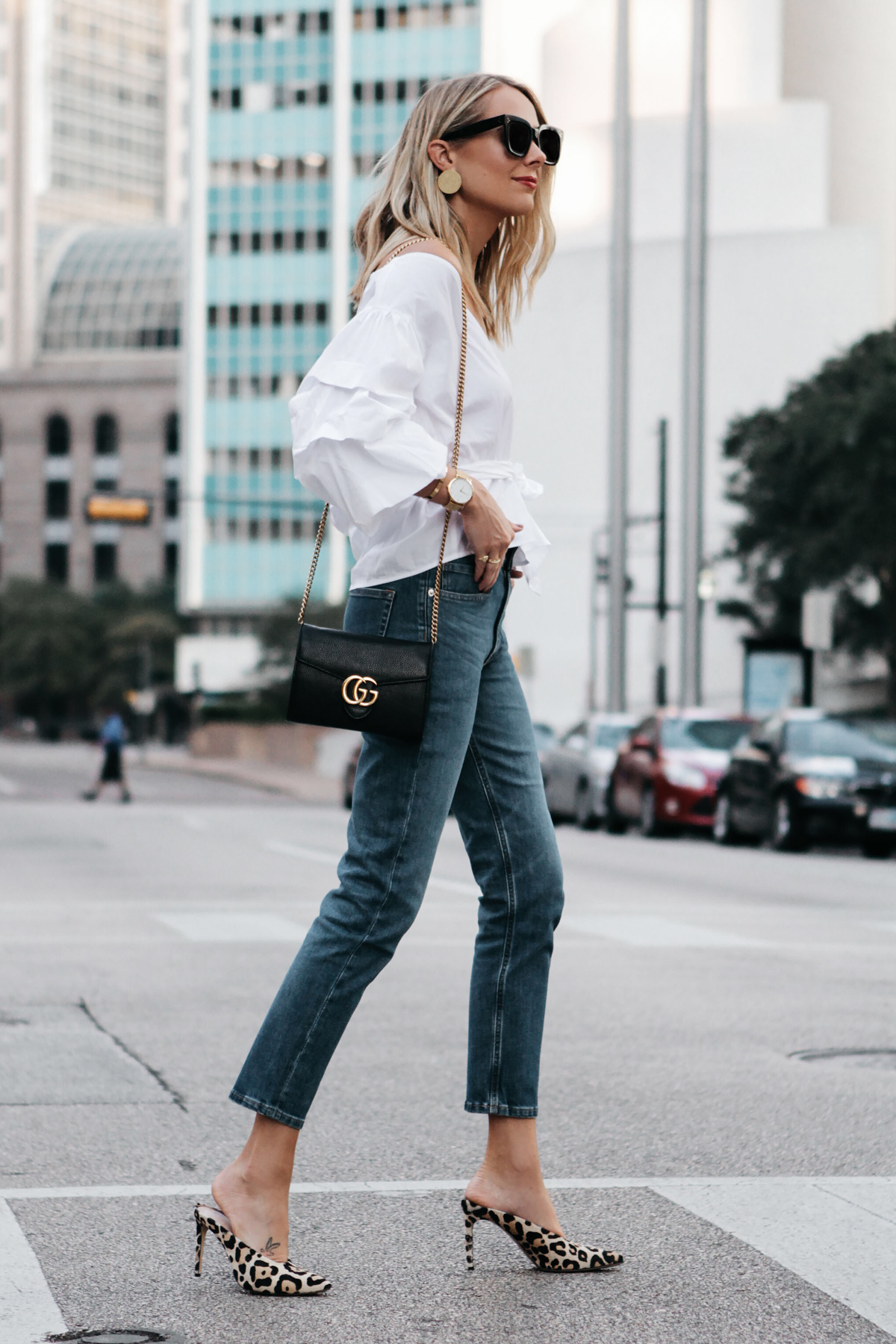 Summer, outfit, ideas, button down, distressed, boyfriend, jeans, snake print, lace up, heels, Louis Vuitto…