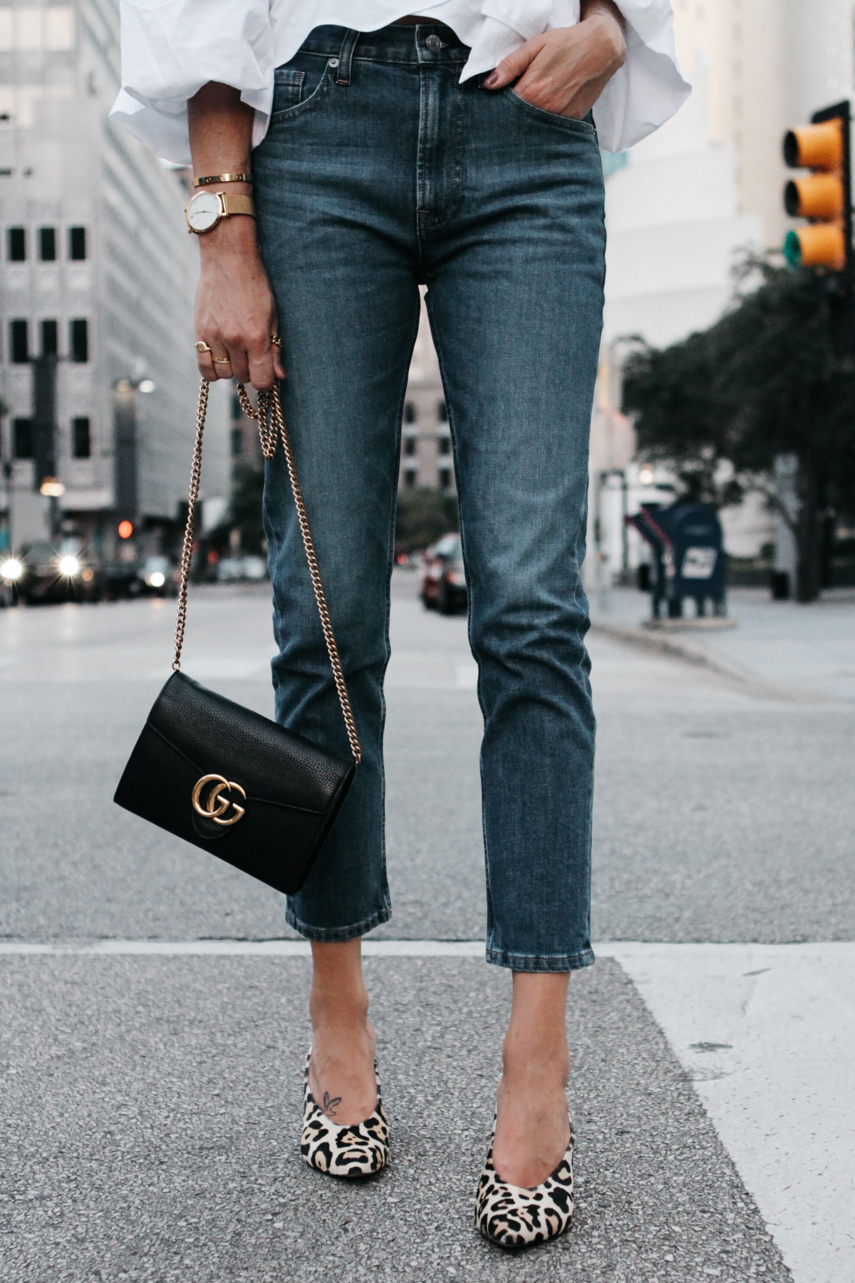 Summer, outfit, ideas, button down, distressed, boyfriend, jeans, snake print, lace up, heels, Louis Vuitto…