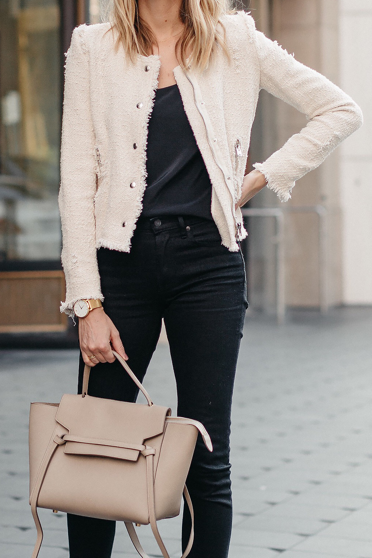 Women's Navy Tweed Jacket, White Tank, Blue Boyfriend Jeans, White Snake  Leather Satchel Bag