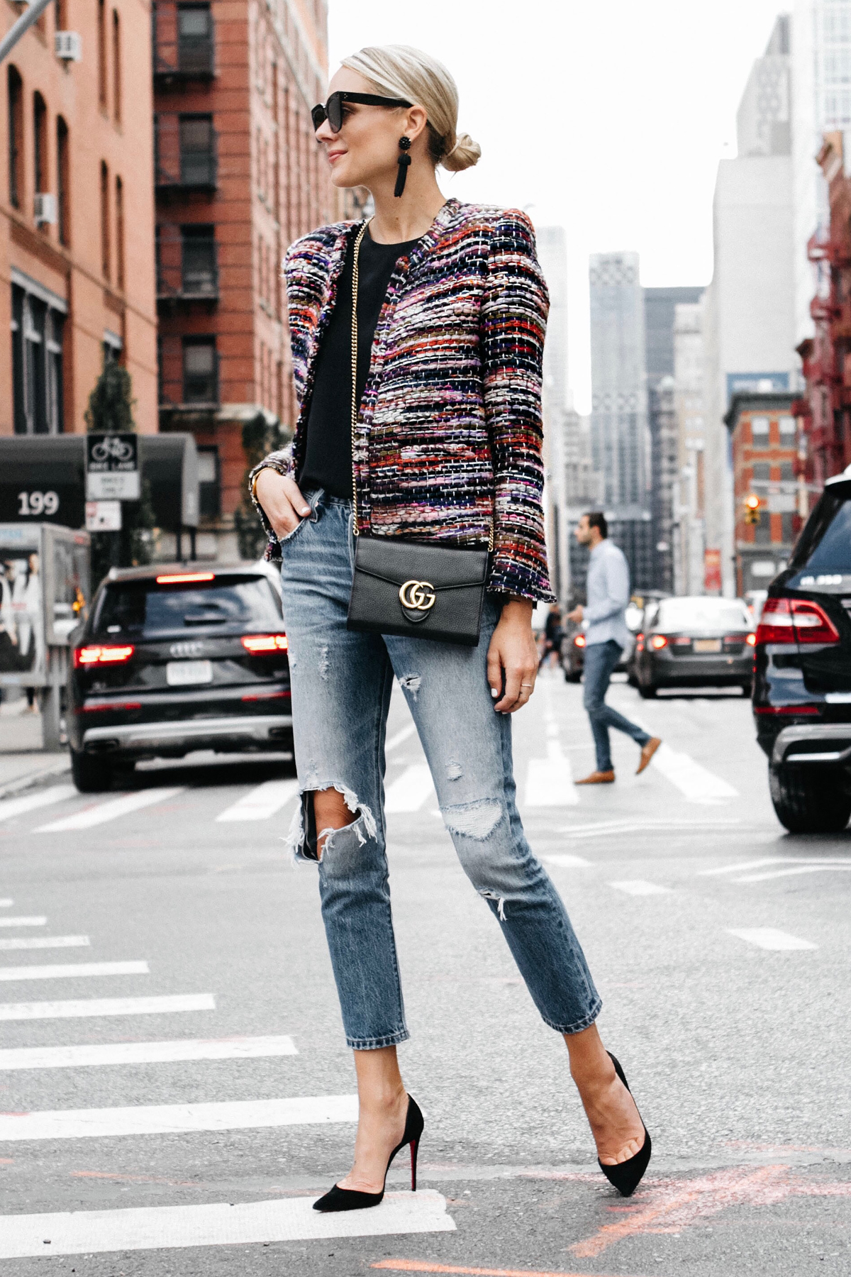 HOW TO STYLE A TWEED JACKET FOR FALL - Fashion Jackson  Gucci bag outfit,  Black bag outfit, Gucci marmont super mini