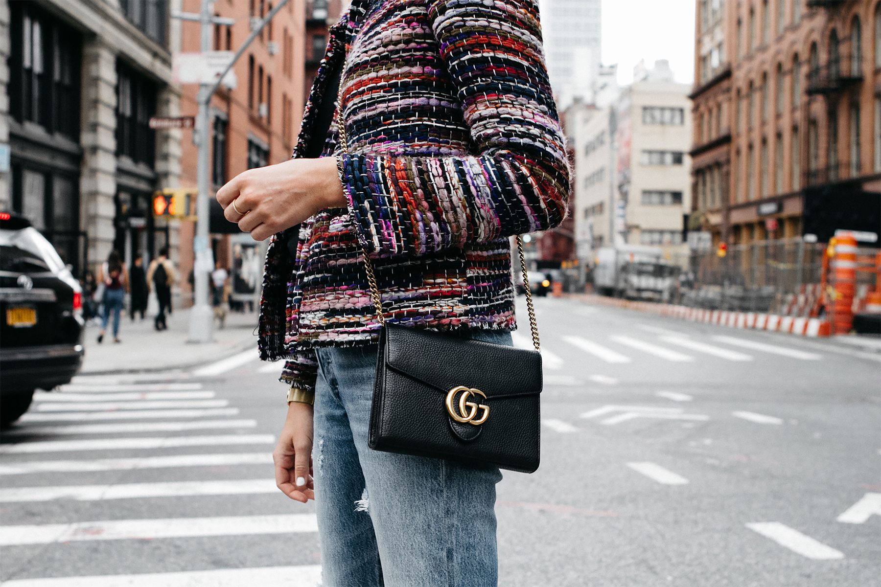 HOW TO STYLE A TWEED JACKET FOR FALL - Fashion Jackson  Gucci bag outfit,  Black bag outfit, Gucci marmont super mini