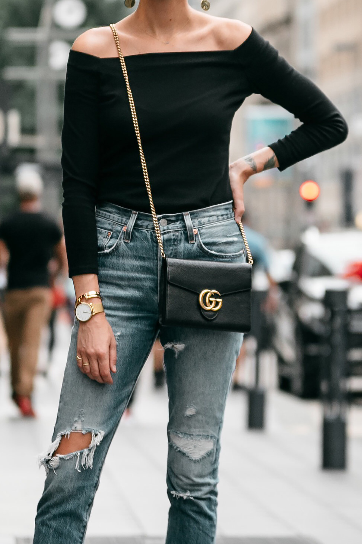 Jcrew black off the shoulder top Levis Denim Ripped Jeans Gucci Marmont Handbag Fashion Jackson Dallas Blogger Fashion Blogger Street Style