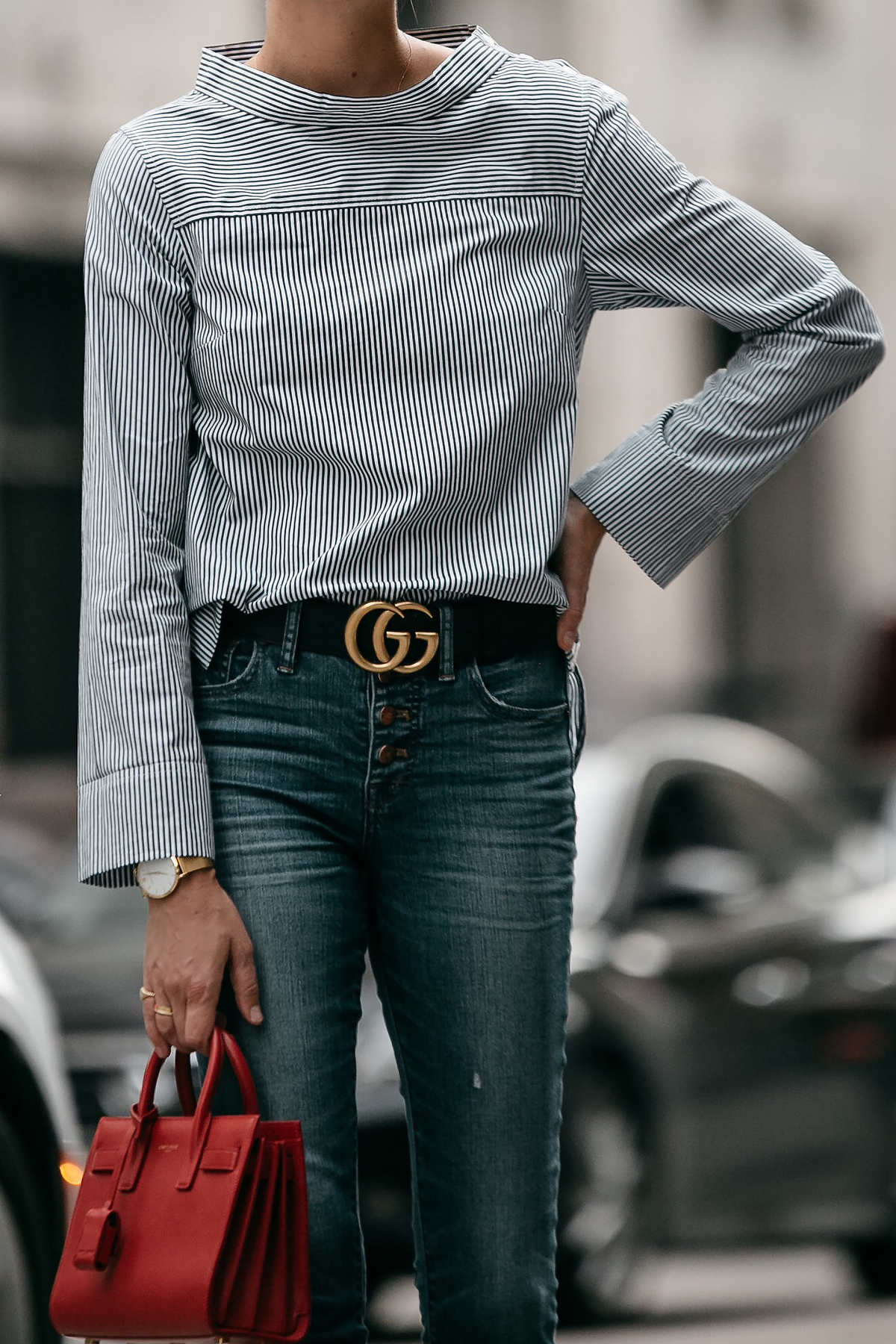 Jcrew Grey Striped Shirt Denim Skinny Jeans Gucci Belt Saint Laurent Sac De Jour Mini Red Fashion Jackson Dallas Blogger Fashion Blogger Street Style