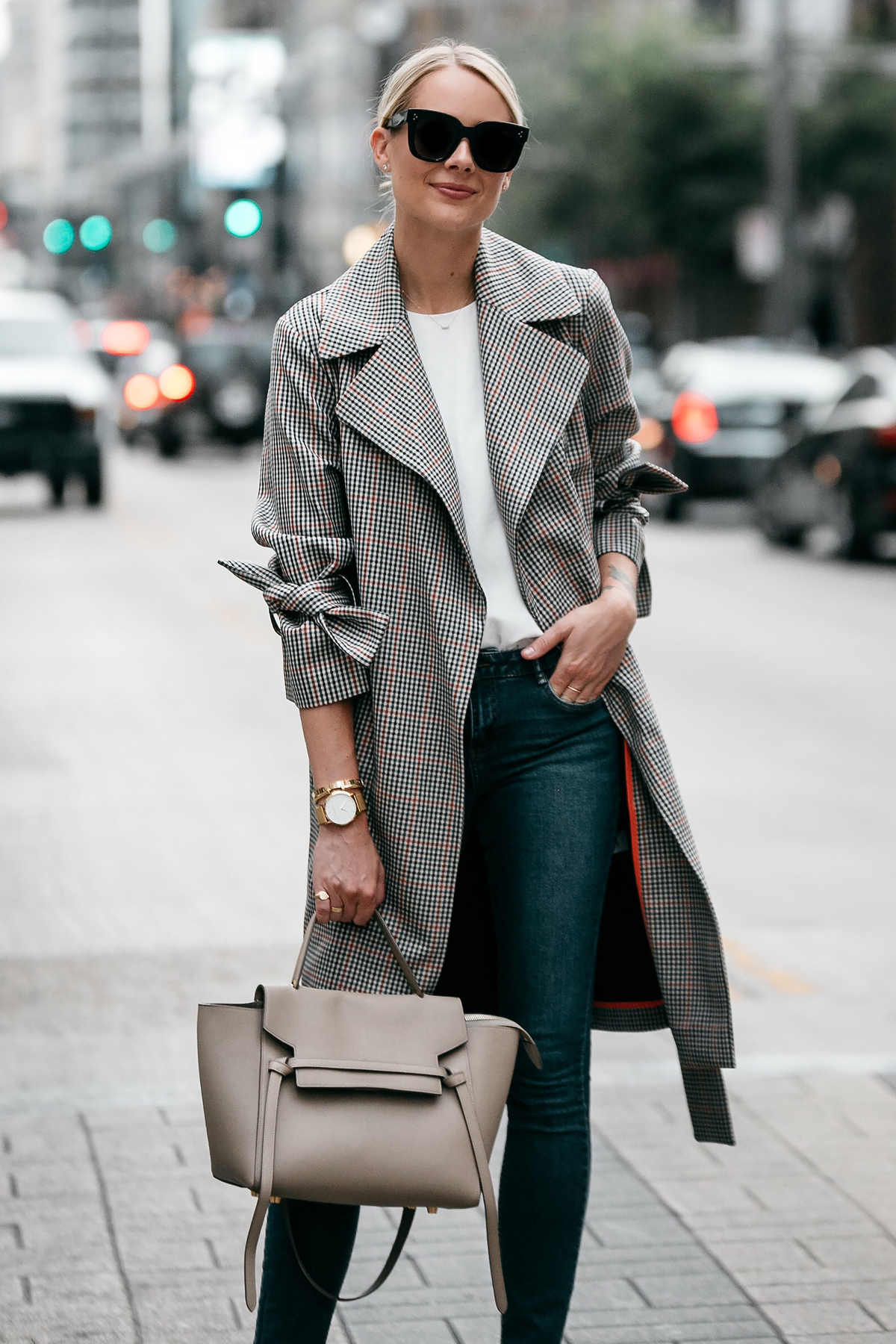Blonde Woman Wearing Topshop Plaid Trench Coat Denim Skinny Jeans Celine Belt Bag Fashion Jackson Dallas Blogger Fashion Blogger Street Style