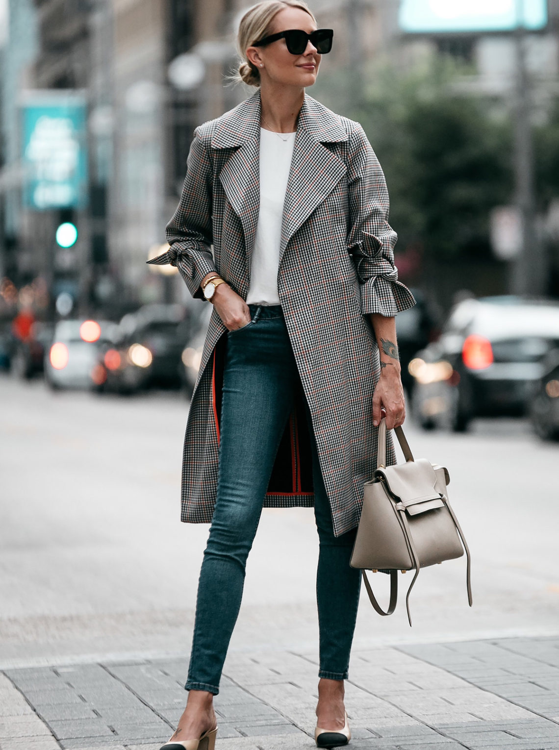 Blonde Woman Wearing Topshop Plaid Trench Coat Denim Skinny Jeans Outfit Chanel Slingbacks Celine Belt Bag Fashion Jackson Dallas Blogger Fashion Blogger Street Style