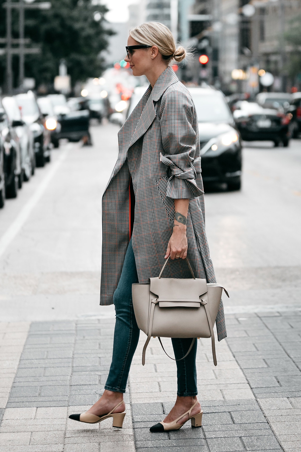 plaid trench coat outfit