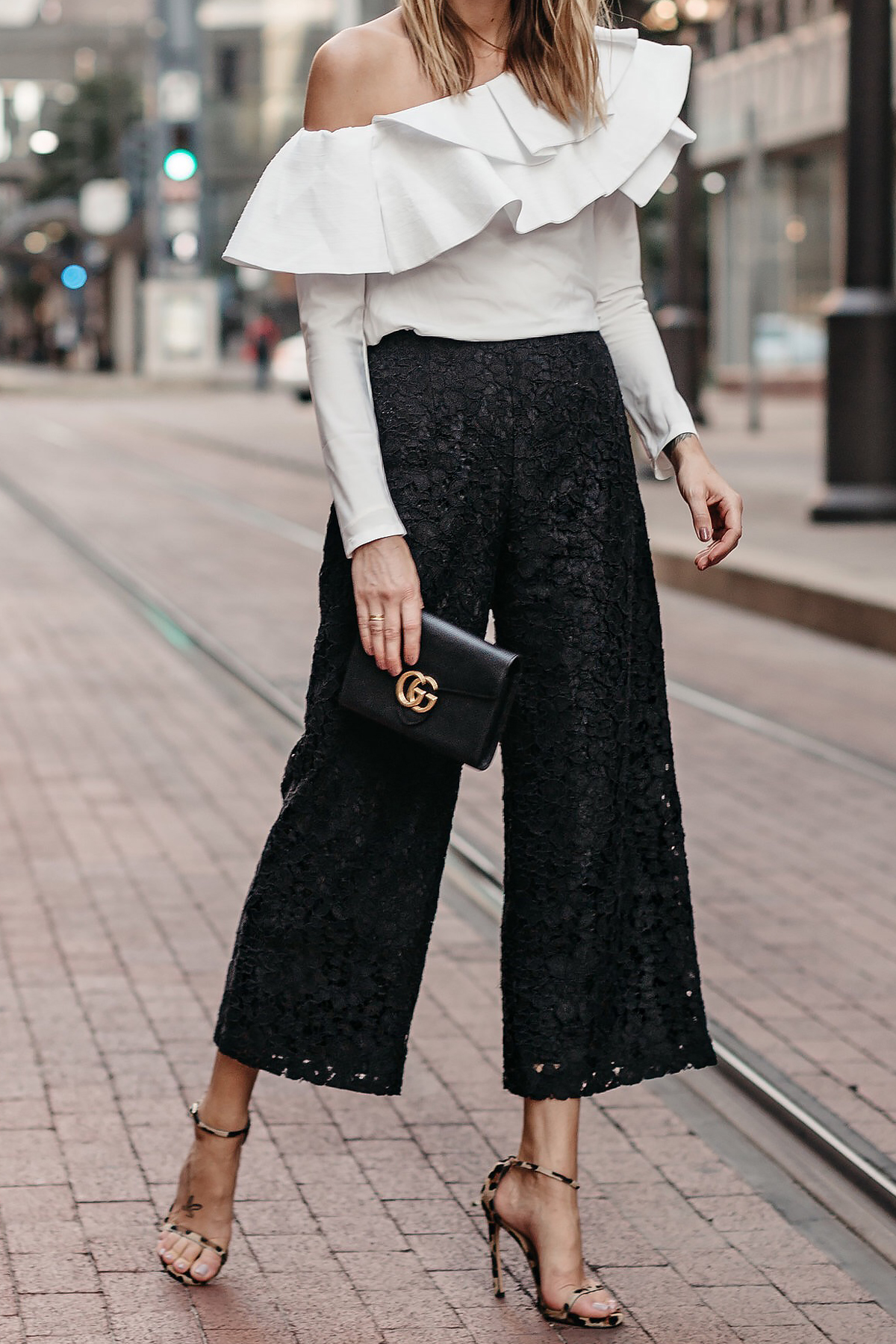White One Shoulder Ruffle Top Black Lace Culottes Gucci Marmont Handbag Leopard Heels Fashion Jackson Dallas Blogger Fashion Blogger Street Style