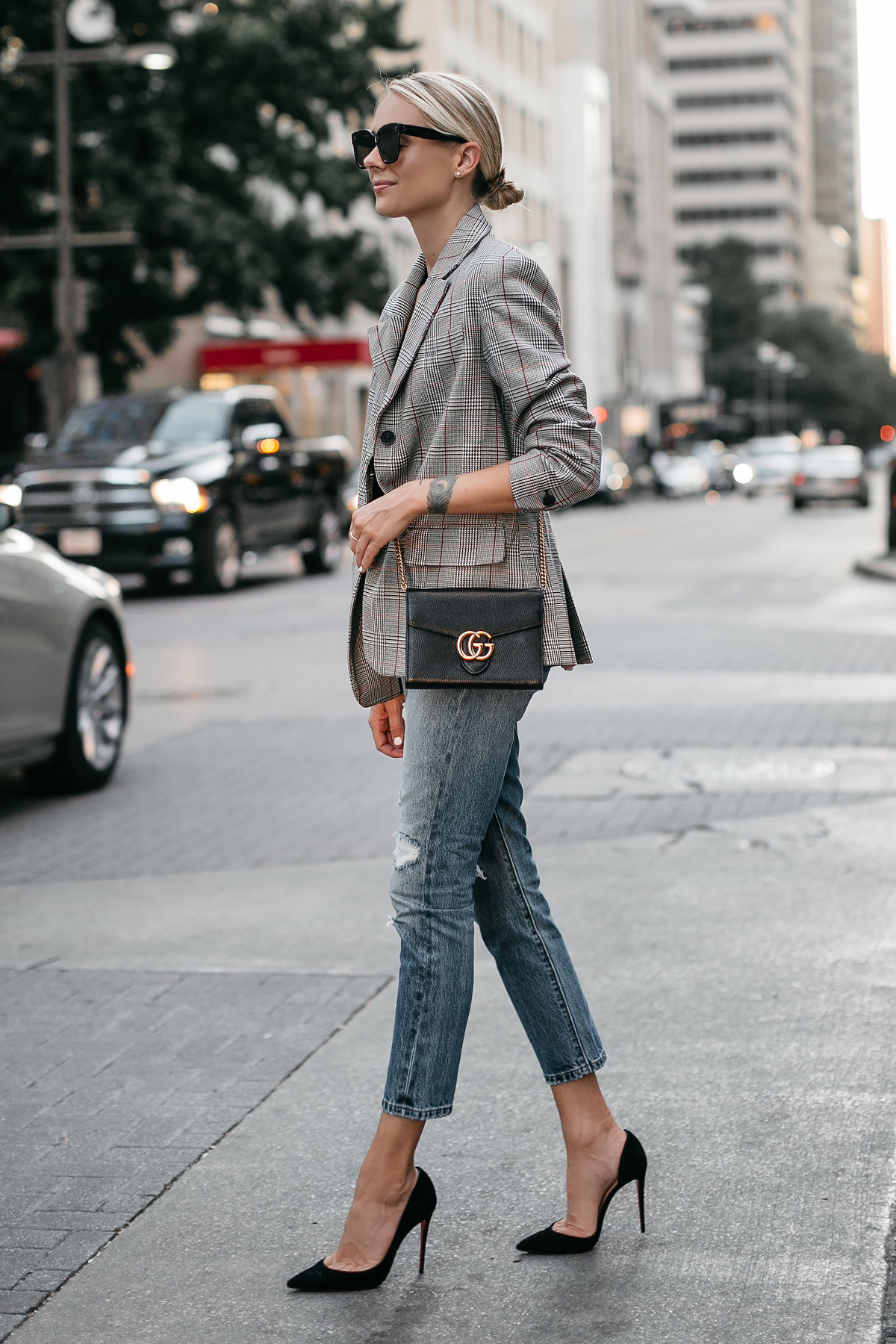 Blonde Woman Wearing Zara Plaid Blazer Denim Ripped Jeans Gucci Marmont Handbag Christian Louboutin Black Pumps Fashion Jackson Dallas Blogger Fashion Blogger Street Style