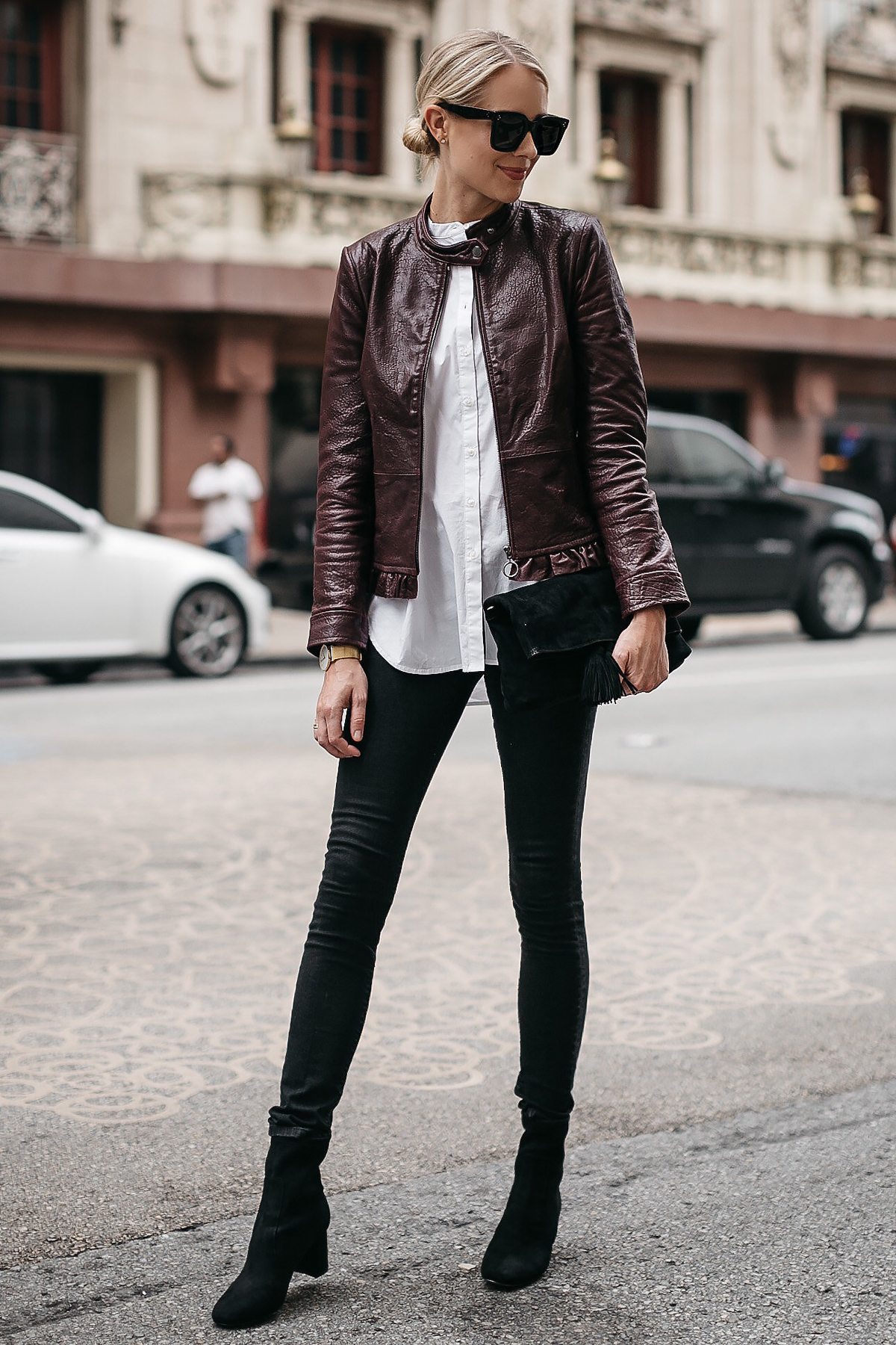 Leather jacket outlet and white shirt