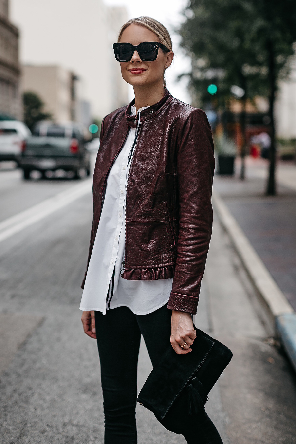 White shirt leather jacket womens sale