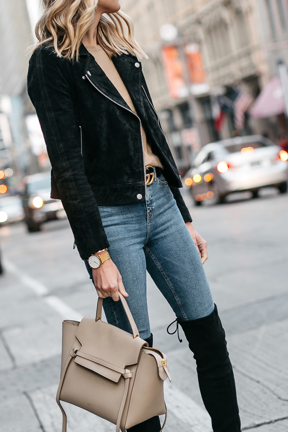 Black Suede Moto Jacket Camel Sweater Denim Skinny Jeans Stuart Weitzman Over-the-Knee boots Celine Mini Belt Bag Fashion Jackson Dallas Blogger Fashion Blogger Street Style