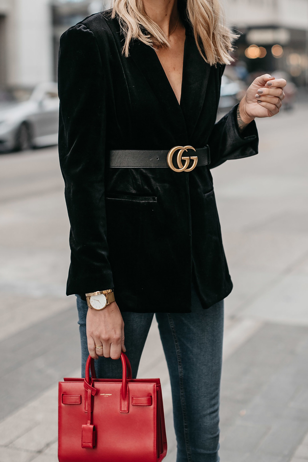 red velvet blazer outfit