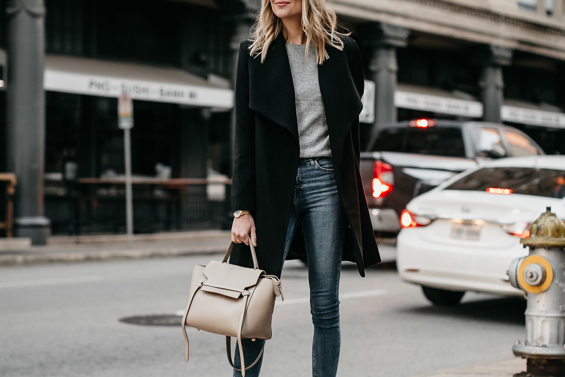 Black Wrap Coat Grey Sweater Denim Skinny Jeans Celine Mini Belt Bag Fashion Jackson Dallas Blogger Fashion Blogger Street Style