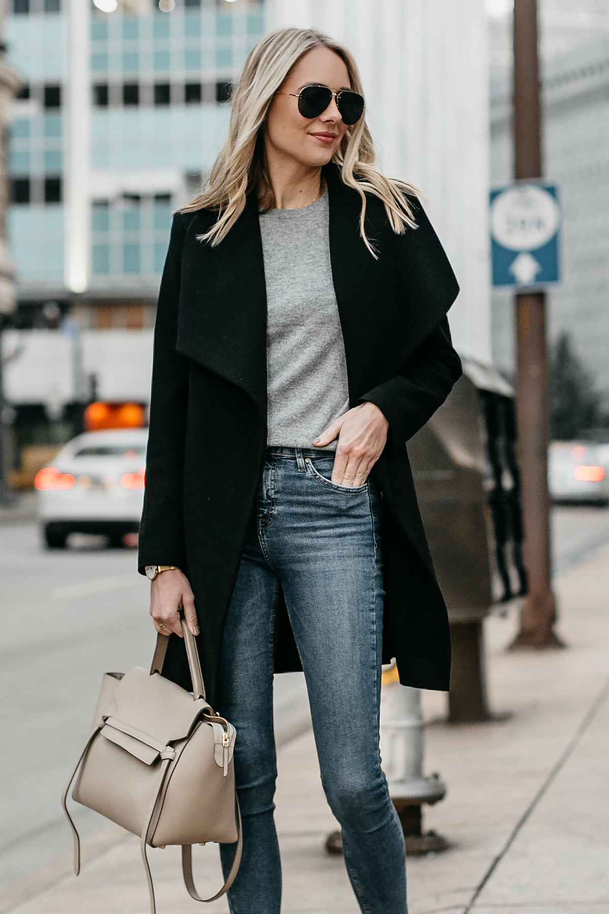 Black Wrap Coat Grey Sweater Denim Skinny Jeans Celine Mini Belt Bag Fashion Jackson Dallas Blogger Fashion Blogger Street Style