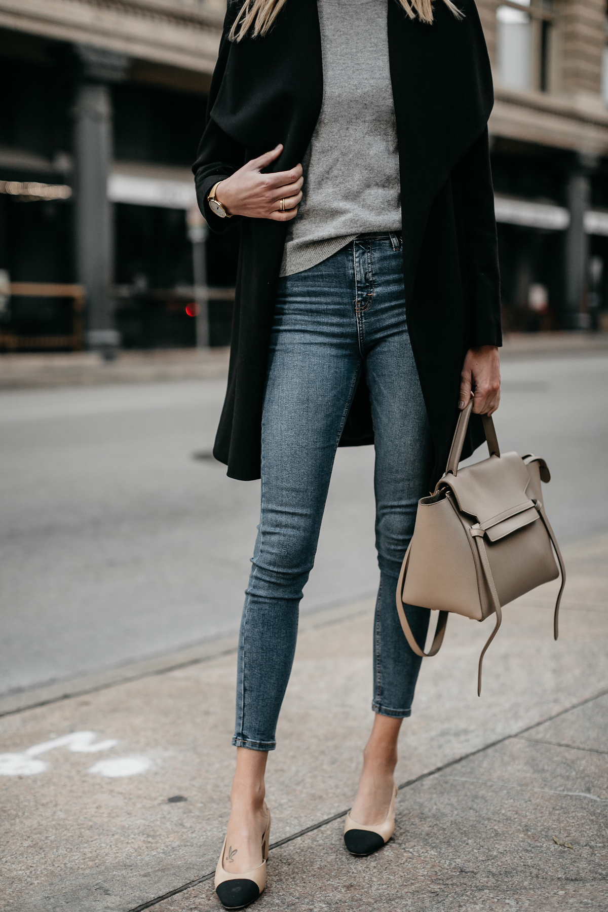 Black Wrap Coat Grey Sweater Denim Skinny Jeans Chanel Slingbacks Celine MIni Belt Bag Fashion Jackson Dallas Blogger Fashion Blogger Street Style