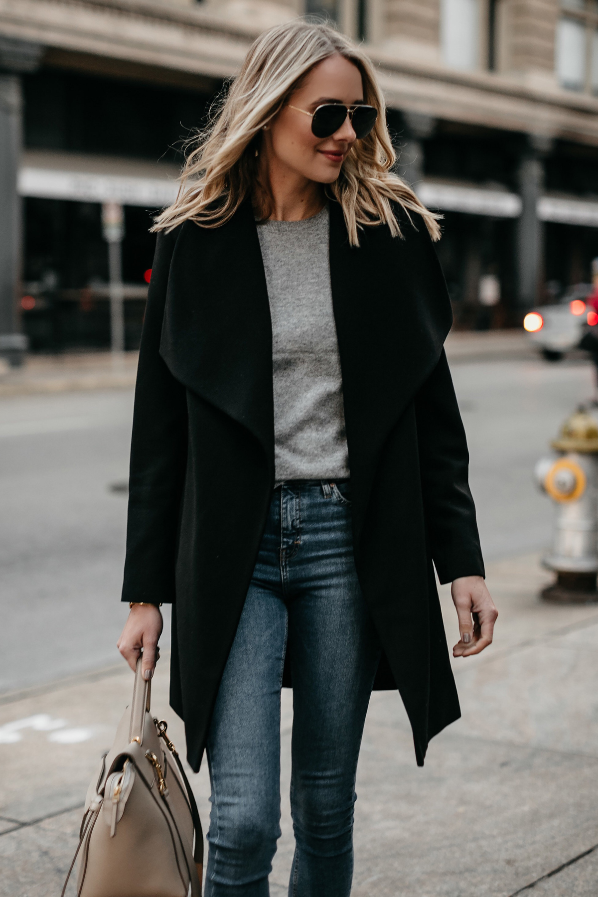 Blonde Woman Wearing Black Wrap Coat Grey Sweater Fashion Jackson Dallas Blogger Fashion Blogger Street Style