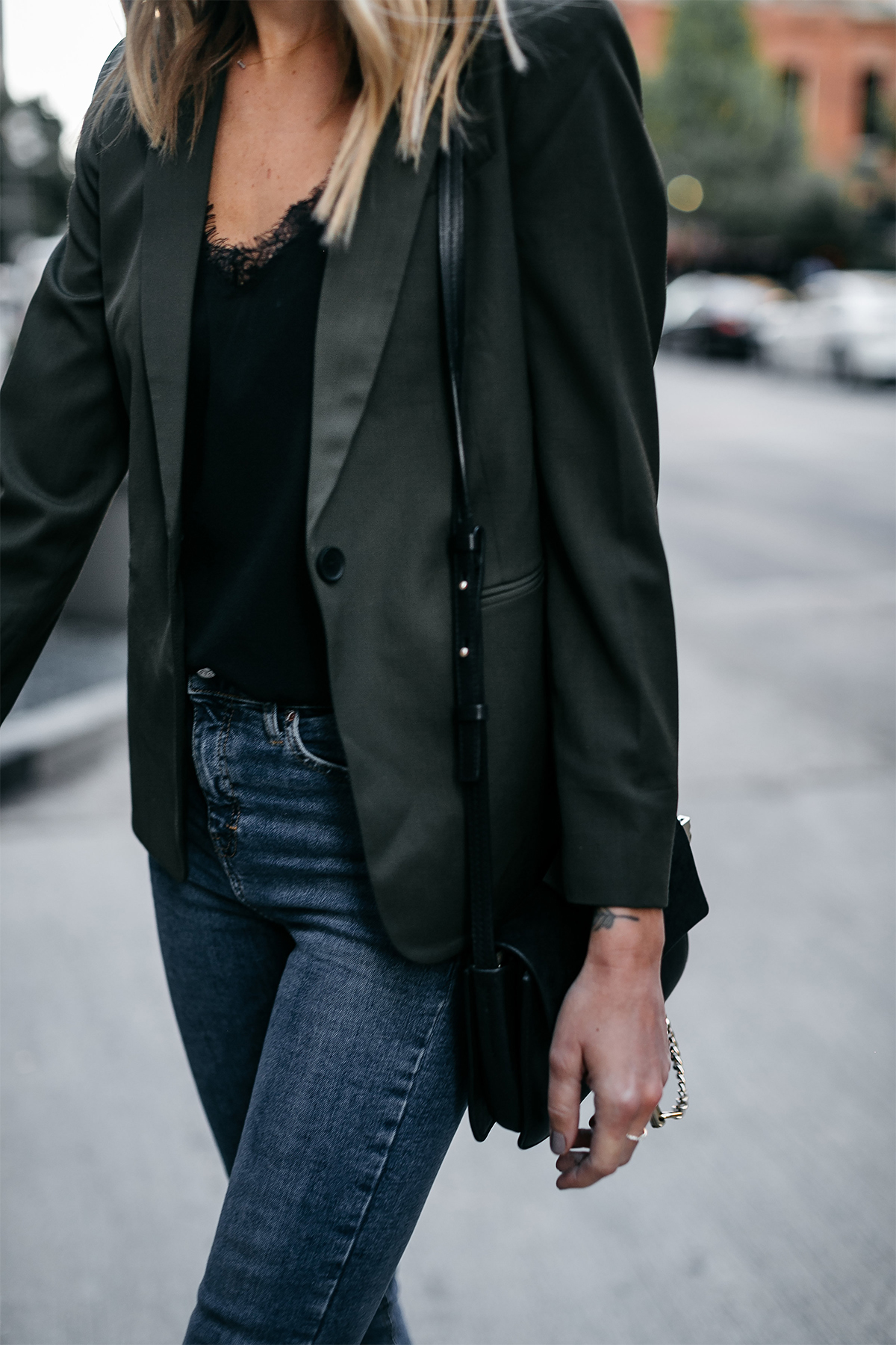 Olive green blazer outfit sale