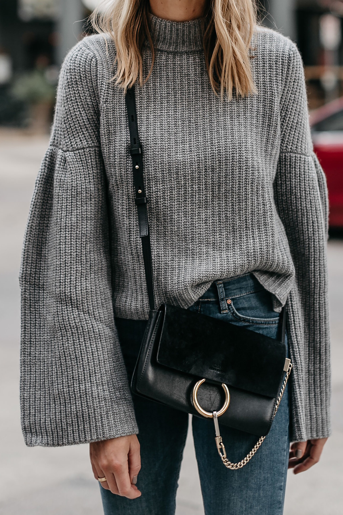 Stylish Fall Fashion: Grey Bell Sleeve Shirt and Black Velvet Leggings