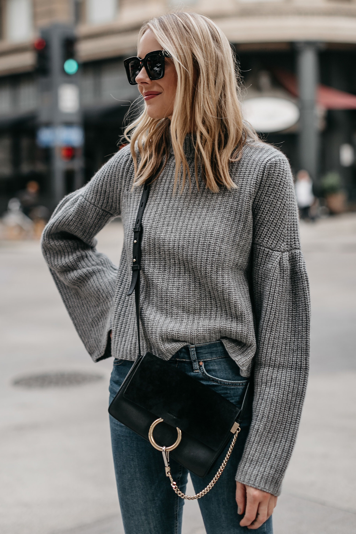 Stylish Fall Fashion: Grey Bell Sleeve Shirt and Black Velvet Leggings