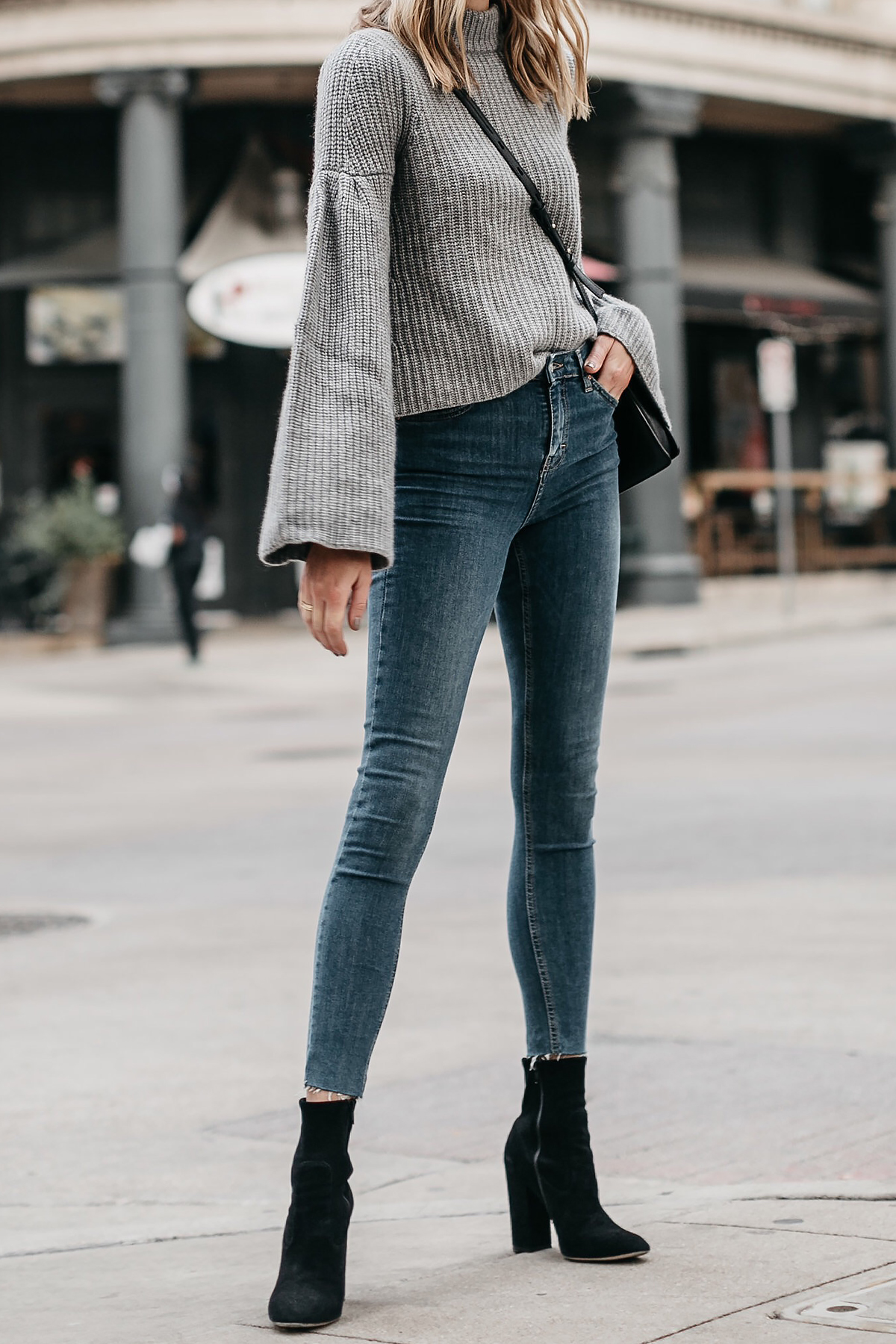 Stylish Fall Fashion: Grey Bell Sleeve Shirt and Black Velvet Leggings